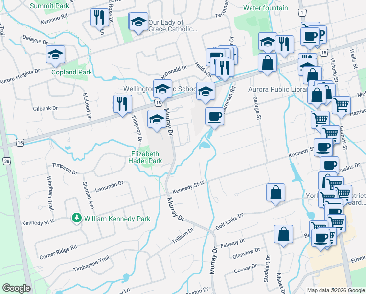 map of restaurants, bars, coffee shops, grocery stores, and more near 301 Milestone Crescent in Aurora