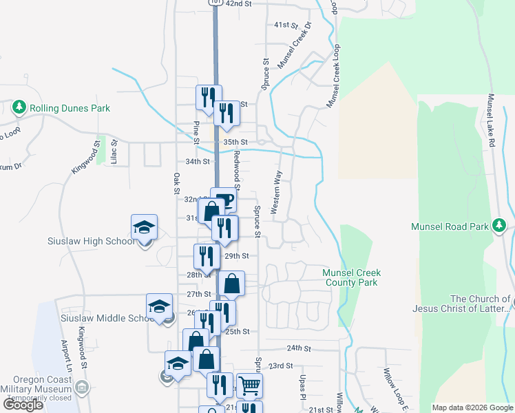 map of restaurants, bars, coffee shops, grocery stores, and more near Spruce Street in Florence
