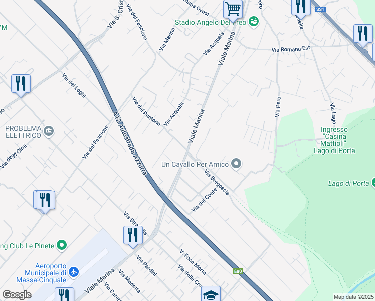 map of restaurants, bars, coffee shops, grocery stores, and more near 132 Viale Marina in Massa