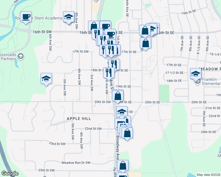 map of restaurants, bars, coffee shops, grocery stores, and more near 1931 Broadway Avenue South in Rochester
