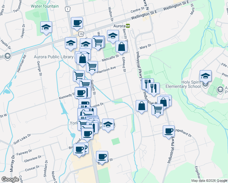 map of restaurants, bars, coffee shops, grocery stores, and more near 139 Wells Street in Aurora