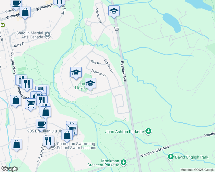 map of restaurants, bars, coffee shops, grocery stores, and more near 156 Primeau Drive in Aurora