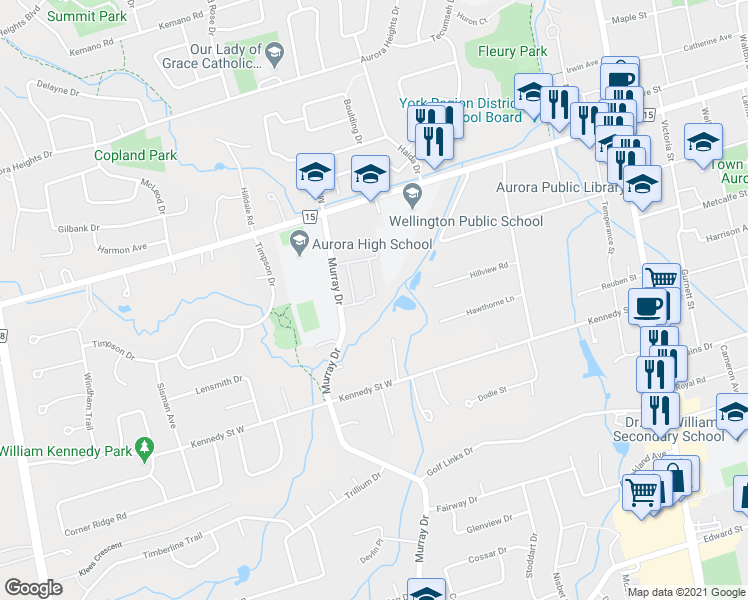 map of restaurants, bars, coffee shops, grocery stores, and more near 269 Milestone Crescent in Aurora