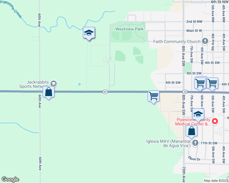 map of restaurants, bars, coffee shops, grocery stores, and more near 1401 7th Street Southwest in Pipestone