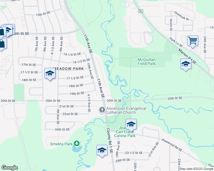 map of restaurants, bars, coffee shops, grocery stores, and more near 1880 Spruce Meadows Drive Southeast in Rochester