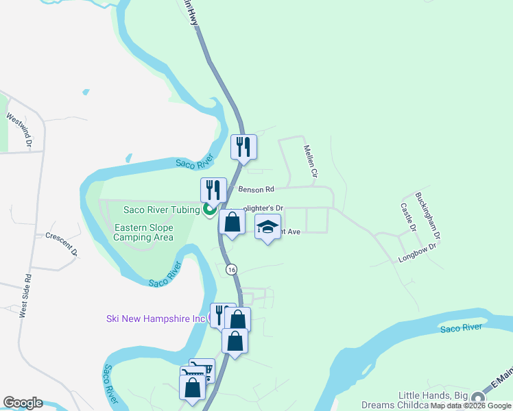 map of restaurants, bars, coffee shops, grocery stores, and more near 129 Lamplighters Park in Conway