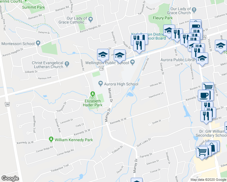 map of restaurants, bars, coffee shops, grocery stores, and more near 60 Springfair Avenue in Aurora