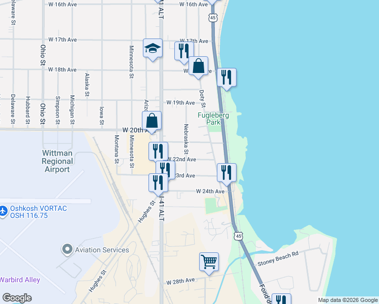 map of restaurants, bars, coffee shops, grocery stores, and more near 159 West 21st Avenue in Oshkosh