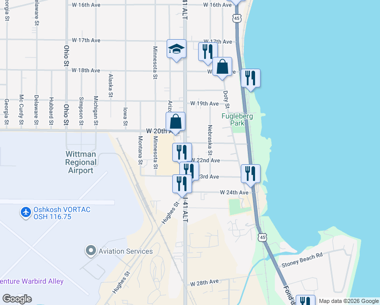 map of restaurants, bars, coffee shops, grocery stores, and more near 197 West 21st Avenue in Oshkosh