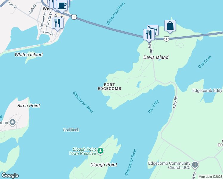 map of restaurants, bars, coffee shops, grocery stores, and more near 98 Fort Road in Edgecomb