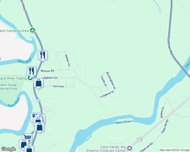 map of restaurants, bars, coffee shops, grocery stores, and more near 106 Castle Drive in Conway