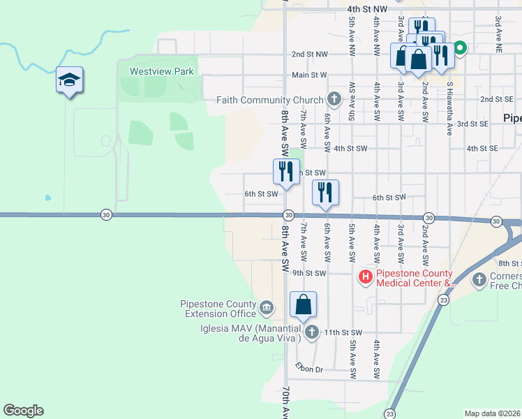 map of restaurants, bars, coffee shops, grocery stores, and more near 826 6th Street Southwest in Pipestone