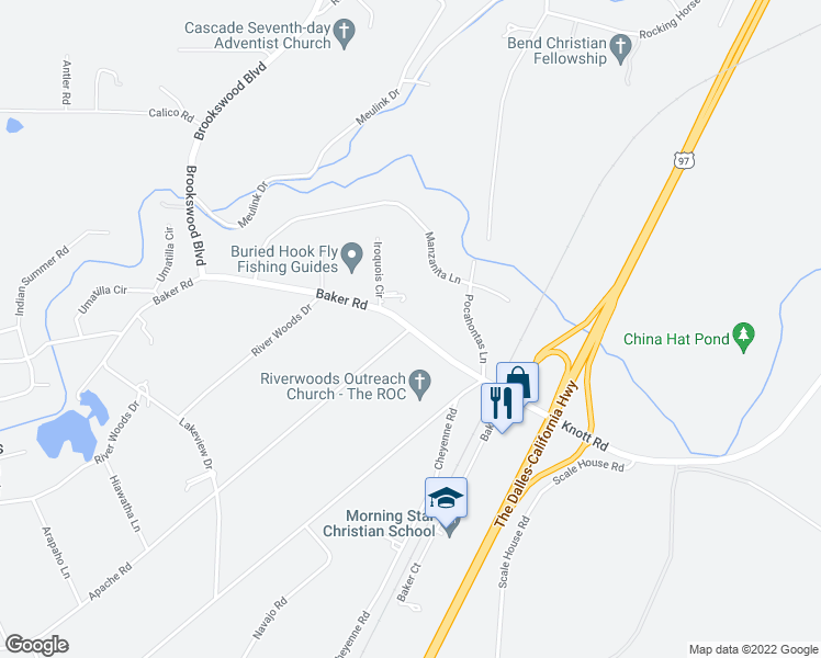 map of restaurants, bars, coffee shops, grocery stores, and more near Baker Rd & Apache Rd in Deschutes River Woods