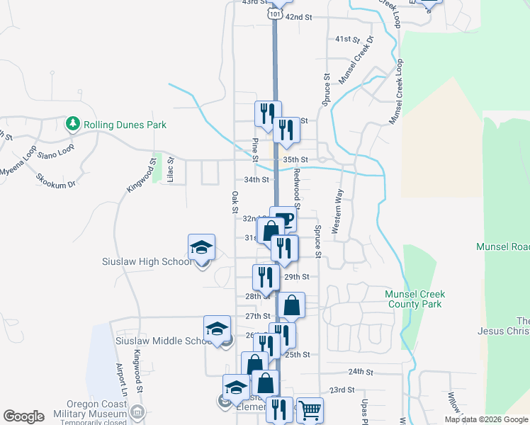 map of restaurants, bars, coffee shops, grocery stores, and more near 3287 U.S. 101 in Florence