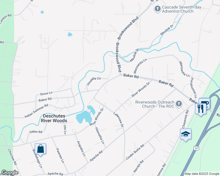 map of restaurants, bars, coffee shops, grocery stores, and more near 19473 Baker Road in Bend