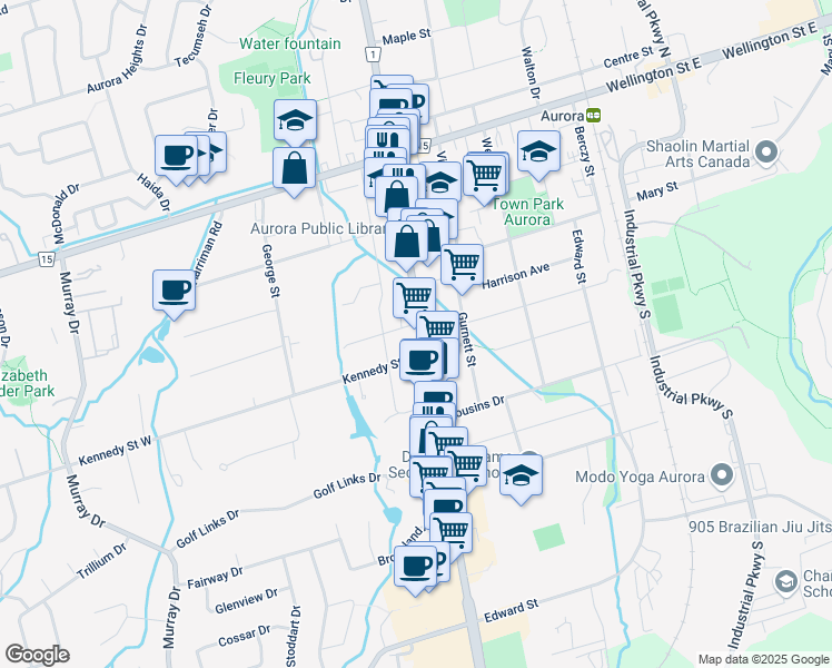 map of restaurants, bars, coffee shops, grocery stores, and more near 15048 Yonge Street in Aurora