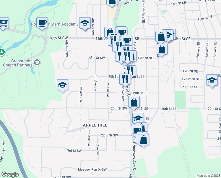 map of restaurants, bars, coffee shops, grocery stores, and more near 1831 3rd Avenue Southwest in Rochester