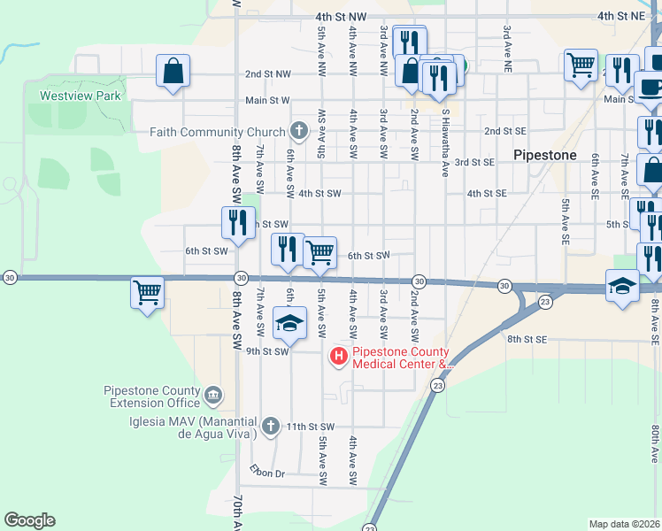 map of restaurants, bars, coffee shops, grocery stores, and more near 602 4th Avenue Southwest in Pipestone