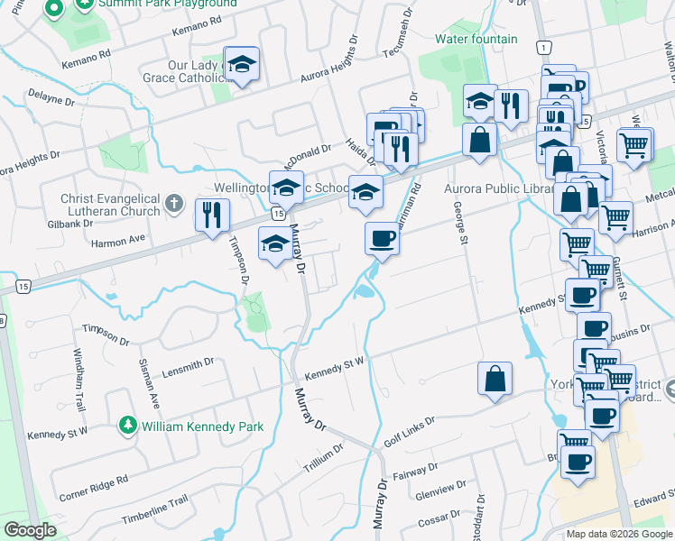 map of restaurants, bars, coffee shops, grocery stores, and more near 205 Milestone Crescent in Aurora