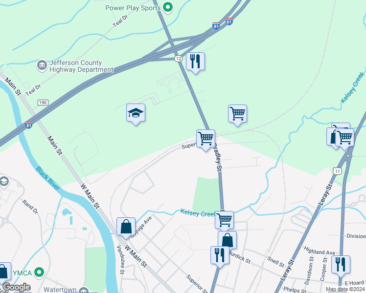 map of restaurants, bars, coffee shops, grocery stores, and more near 1241 Superior Street in Watertown