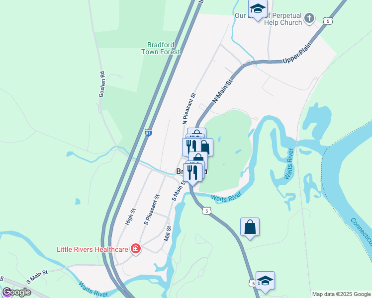 map of restaurants, bars, coffee shops, grocery stores, and more near 187 South Main Street in Bradford