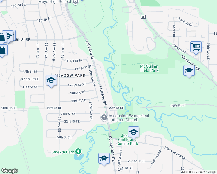 map of restaurants, bars, coffee shops, grocery stores, and more near 1880 Spruce Meadows Drive Southeast in Rochester
