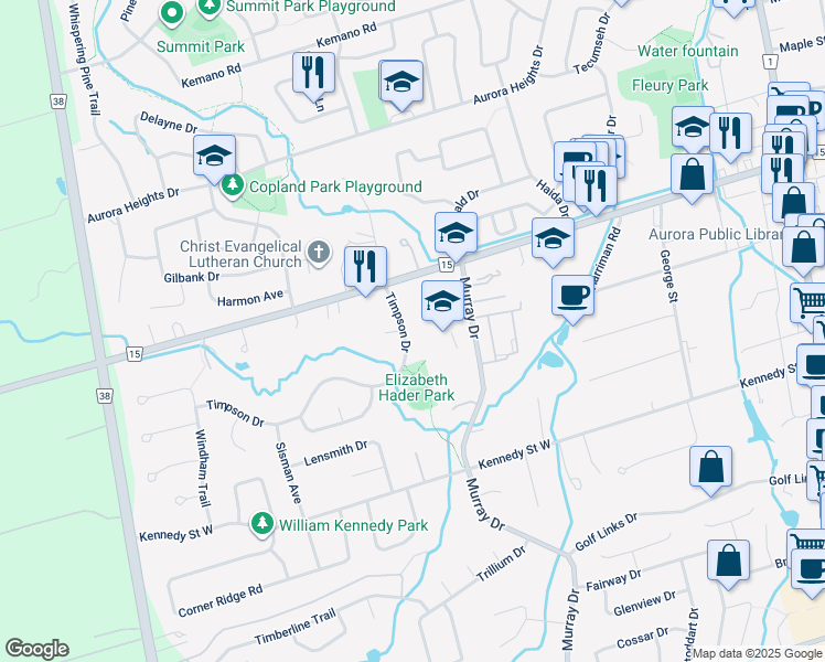 map of restaurants, bars, coffee shops, grocery stores, and more near 39 Timpson Drive in Aurora