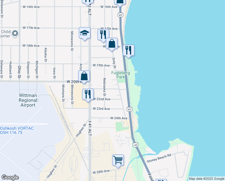map of restaurants, bars, coffee shops, grocery stores, and more near 121 West 21st Avenue in Oshkosh