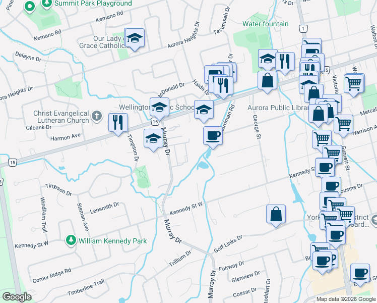 map of restaurants, bars, coffee shops, grocery stores, and more near 221 Milestone Crescent in Aurora