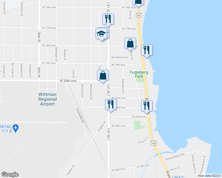 map of restaurants, bars, coffee shops, grocery stores, and more near 197 West 21st Avenue in Oshkosh