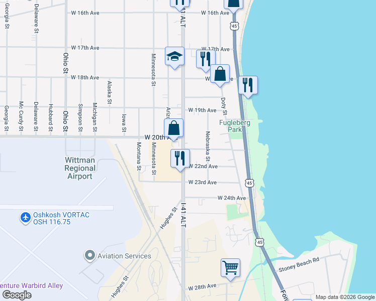 map of restaurants, bars, coffee shops, grocery stores, and more near 197 West 21st Avenue in Oshkosh