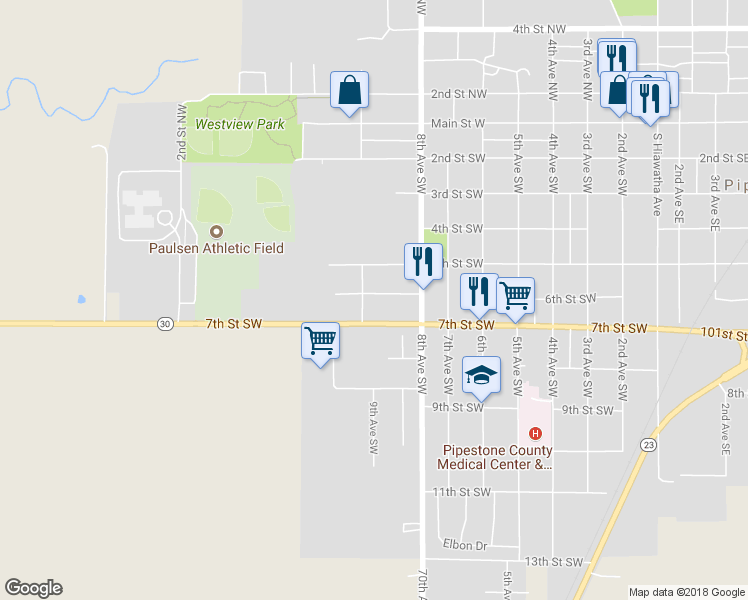 map of restaurants, bars, coffee shops, grocery stores, and more near 826 6th Street Southwest in Pipestone