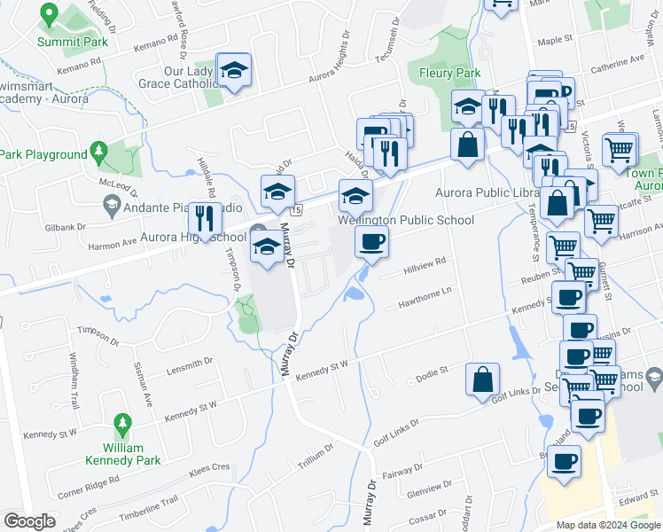 map of restaurants, bars, coffee shops, grocery stores, and more near 215 Milestone Crescent in Aurora
