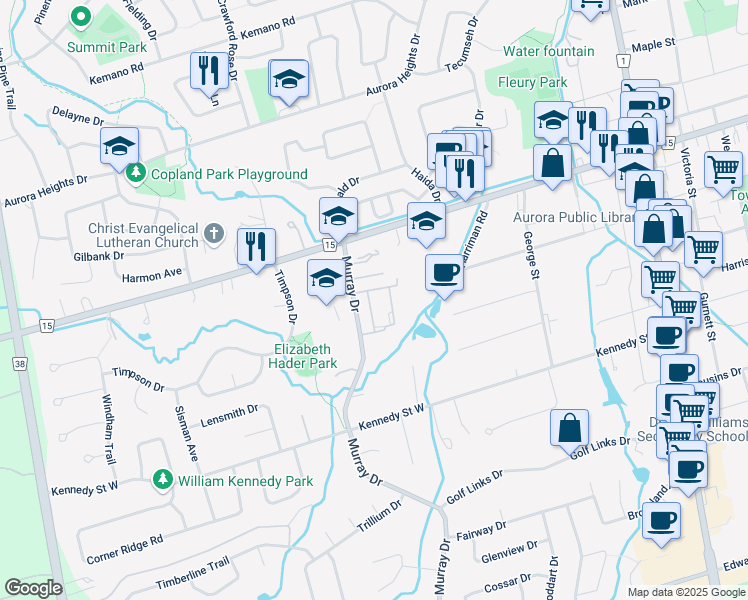 map of restaurants, bars, coffee shops, grocery stores, and more near 132 Milestone Crescent in Aurora