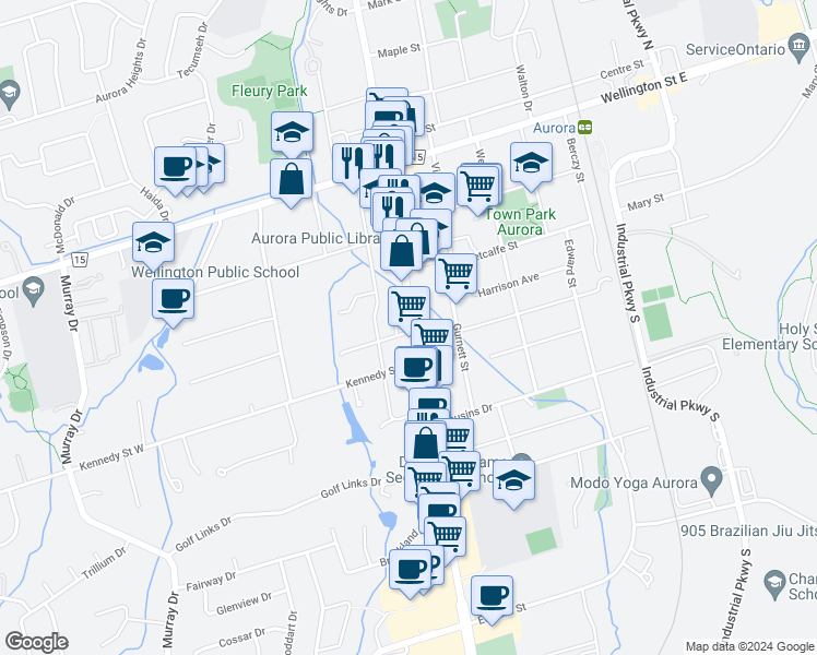 map of restaurants, bars, coffee shops, grocery stores, and more near 15048 Yonge Street in Aurora
