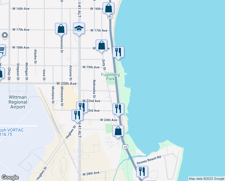 map of restaurants, bars, coffee shops, grocery stores, and more near 4 West 21st Avenue in Oshkosh