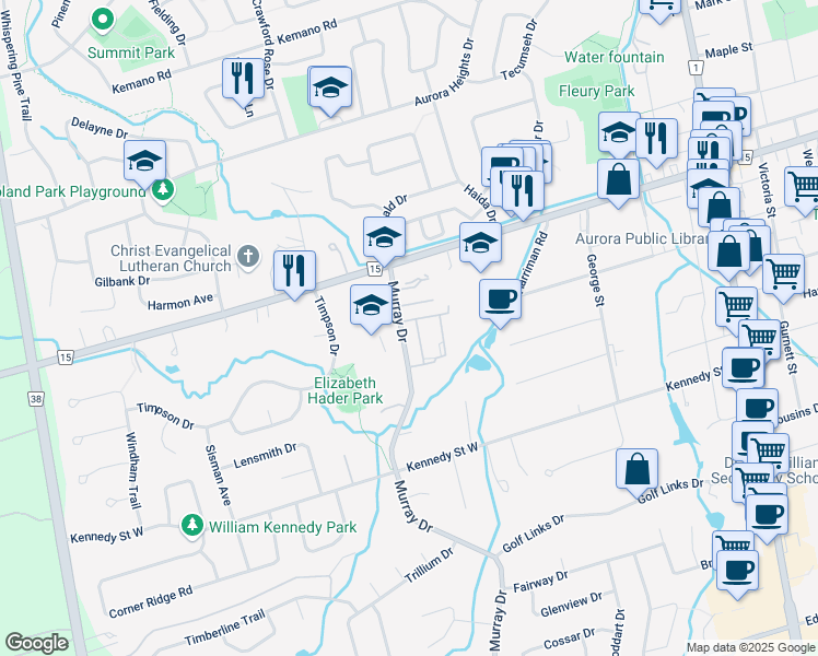 map of restaurants, bars, coffee shops, grocery stores, and more near 132 Milestone Crescent in Aurora
