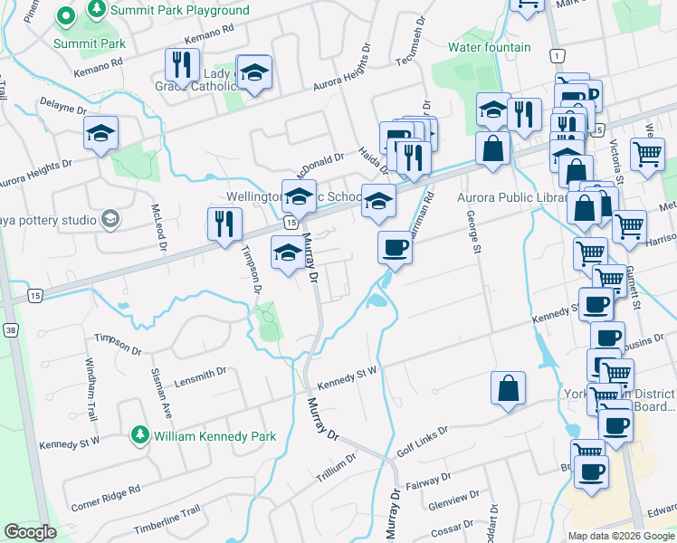 map of restaurants, bars, coffee shops, grocery stores, and more near 148 Milestone Crescent in Aurora