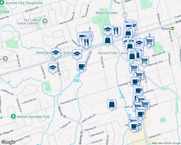 map of restaurants, bars, coffee shops, grocery stores, and more near 126 Hillview Road in Aurora
