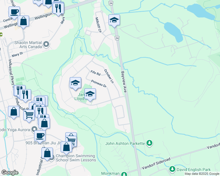 map of restaurants, bars, coffee shops, grocery stores, and more near 131 Primeau Drive in Aurora