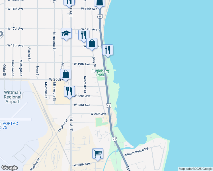 map of restaurants, bars, coffee shops, grocery stores, and more near 4 West 21st Avenue in Oshkosh