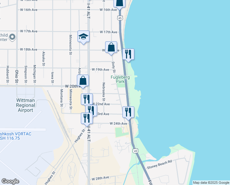 map of restaurants, bars, coffee shops, grocery stores, and more near 121 West 21st Avenue in Oshkosh
