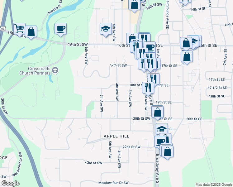 map of restaurants, bars, coffee shops, grocery stores, and more near 1828 4th Avenue Southwest in Rochester
