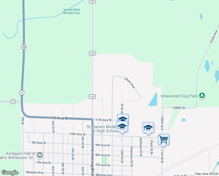map of restaurants, bars, coffee shops, grocery stores, and more near 802 Elton Avenue in Saint James