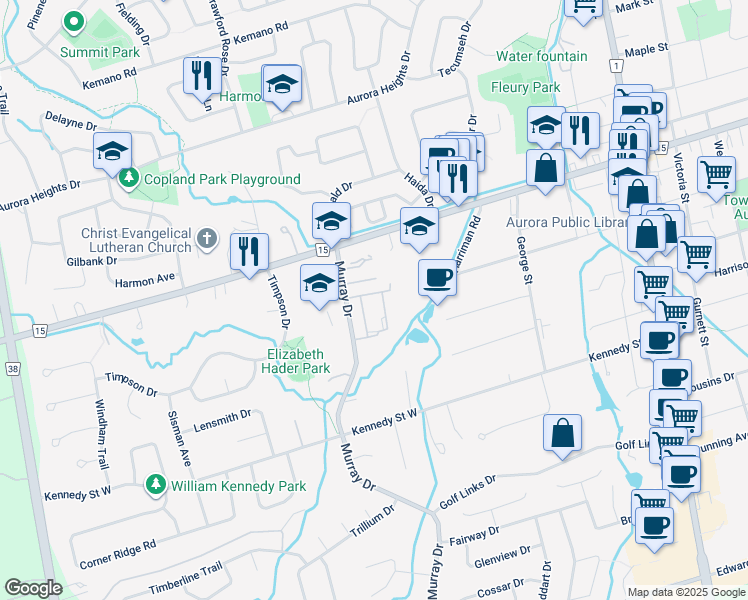 map of restaurants, bars, coffee shops, grocery stores, and more near 132 Milestone Crescent in Aurora