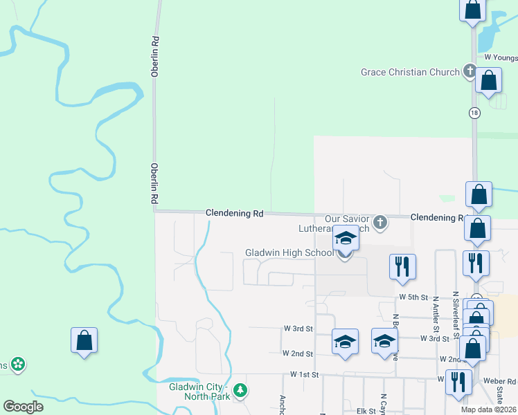 map of restaurants, bars, coffee shops, grocery stores, and more near 3458 Clendening Road in Gladwin