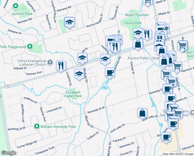 map of restaurants, bars, coffee shops, grocery stores, and more near 195 Milestone Crescent in Aurora