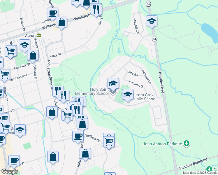map of restaurants, bars, coffee shops, grocery stores, and more near 277 Stone Road in Aurora