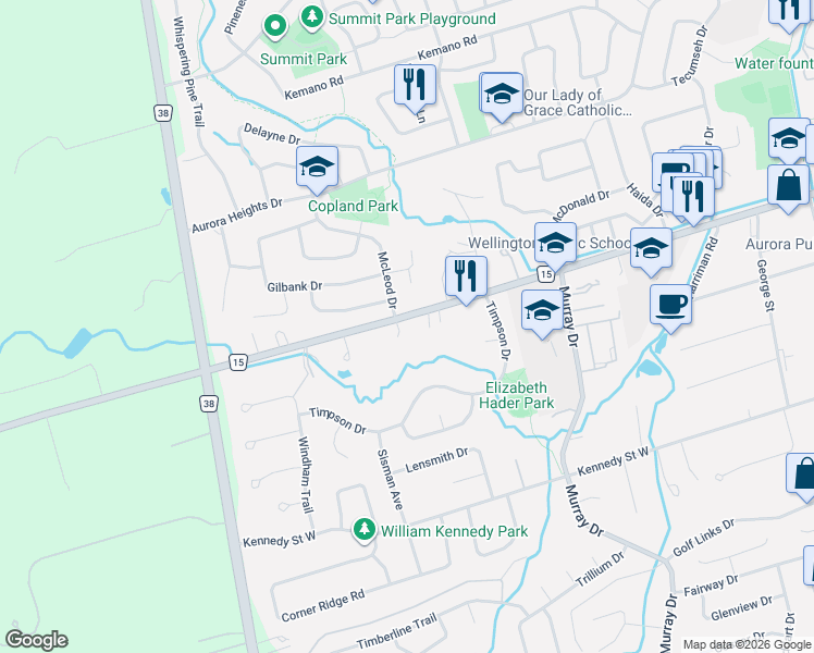 map of restaurants, bars, coffee shops, grocery stores, and more near 555 Wellington Street West in Aurora