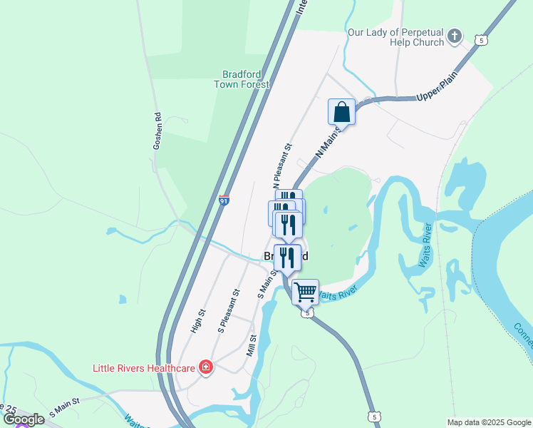 map of restaurants, bars, coffee shops, grocery stores, and more near 187 South Main Street in Bradford